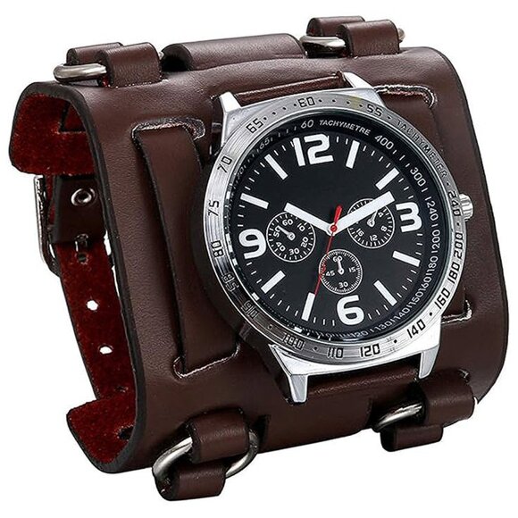 Black Brown Hip-hop Gothic Punk Style Men Watch Wide Leather , brown-black